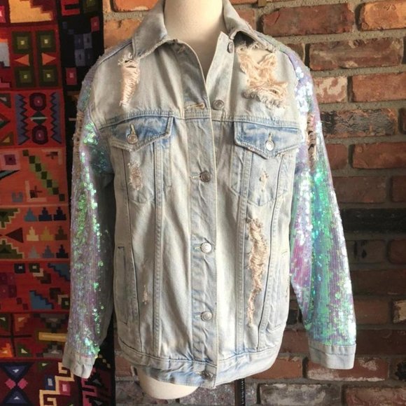 TOPSHOP DENIM Faded DISTRESSED SEQUIN MOTO Jean JACKET Size 4 - Picture 1 of 4